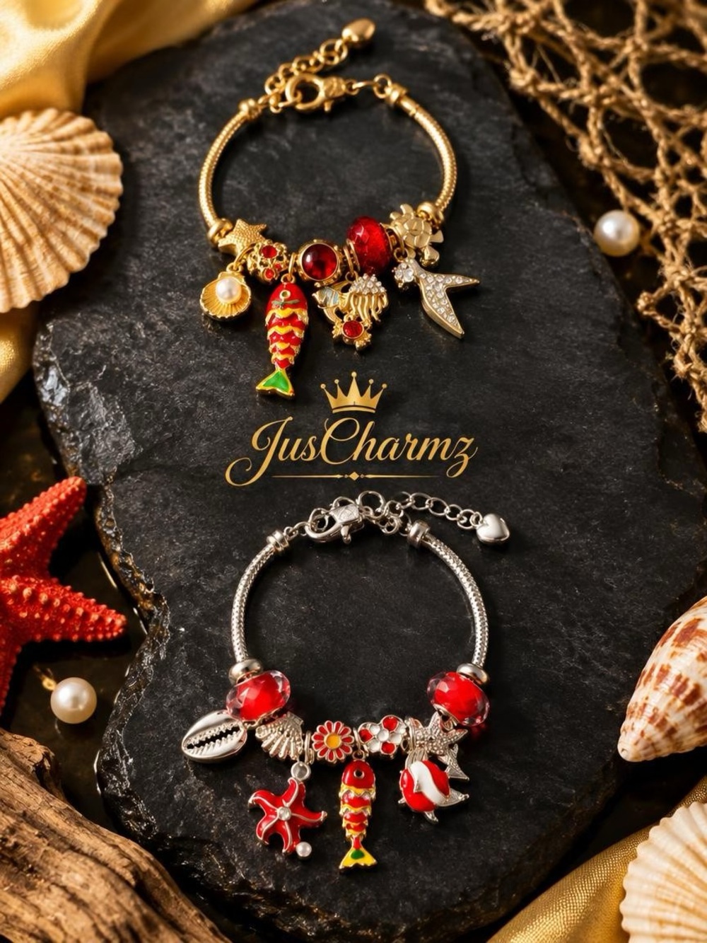 Lucky Koi Fish & Ocean Charm Bracelet Set